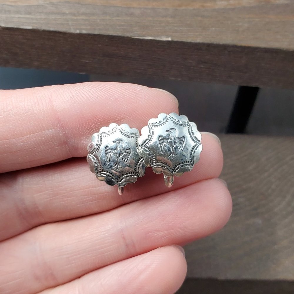 Sterling Silver Native Bird Design Screw On Stud Earrings